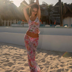 Vestido playero floral vaporoso con tirantes y falda de encaje con lazo dividido