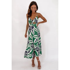 Sundress Leaves Tropical Floral Print Fresh Sweet Tie-Neck Strap Dress
