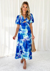 Year Bubble Sleeve Maxi Dress Print V neck Hollow Out Cutout