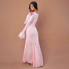 Solid Color Square Collar Lace Long Sleeved Pleated Wide Swing Elegant Dress
