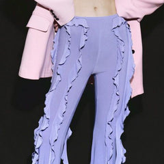 Ruffle hem slim fit flared low waist trousers