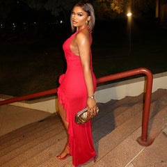 Elegant Solid Color Fishtail Dress Sleeveless V neck Mid Length Dress