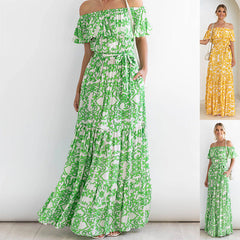 Vestido elegante de corte amplio con vuelo, hombros descubiertos y mangas con volantes y estampado floral