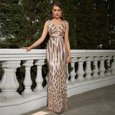Elegant Long Sequined V Neck Backless Cocktail Evening Dress Bridesmaid