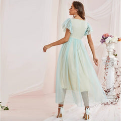 Mesh Dress V neck High Waist Short Sleeve A line Fairy Dress
