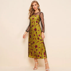 Vestido elegante de cuello redondo, manga larga, cintura elástica y patchwork