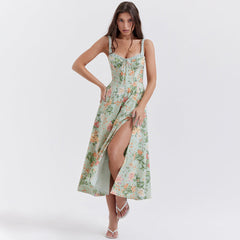 Vestido lencero floral sin espalda con abertura y largo medio para vacaciones
