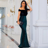 High-End Green off-Neck Sequined Banquet Sheath Fishtail Evening Dress for