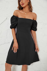 Solid Color off Neck Puff Sleeve Dress for
