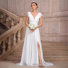 Solid Color V neck Backless Velvet Collar Chiffon Split Elegant Slim Fit Cocktail Evening Dresses