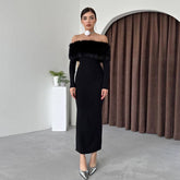 Maxi Dress Elegant off Shoulder Fur Collar Slim Fit