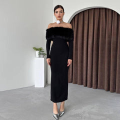 Maxi Dress Elegant off Shoulder Fur Collar Slim Fit