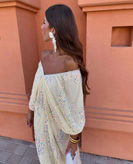 Vestido largo popular con escote en V profundo y lentejuelas y mangas de murciélago