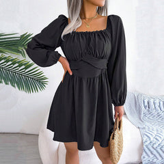 French Intellectual Square Collar Dress  Pleated Waist Tight Slimming High Grade