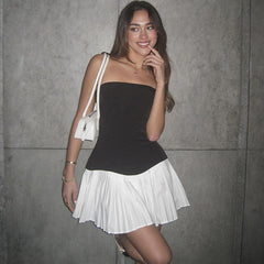 Festival Color Contrast Backless Slim Fit Tube Top Pleated Dress