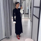 Dehaired Angora Covering Yarn Slimming Patchwork Long Sleeved Knitted Maxi Dress