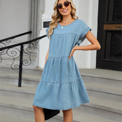 Solid Color Pullover round Neck Denim Dress Loose Casual Dress