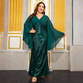 Plus Size Evening Dress V Neck Chiffon Long Sleeve Sequined Slim Fit Elegant Slit Fishtail Evening Dress
