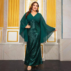 Plus Size Evening Dress V Neck Chiffon Long Sleeve Sequined Slim Fit Elegant Slit Fishtail Evening Dress