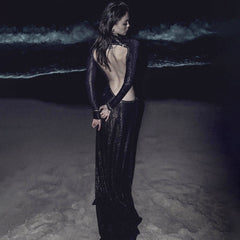 Wear Black Long Sleeve Scorpion Backless Slit Silver Silk Dress