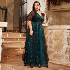 Vestido de noche de talla grande con mangas abullonadas y cristales brillantes, escote en V, vestido de noche de hada con vuelo, vestido de hada súper
