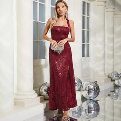 Backless Lace up Sequ Dress Prom Evening Dress