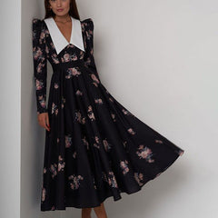 Early Retro Printed Large Swing Dress Waist Controlled Slim Fit Maxi Dress