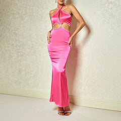 Halter Stitching Hollow Out Cutout Sheath Dress