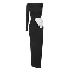 Black One Shoulder Long Sleeve White Bow Formal Dress Oblique Shoulder Slim Fit Slit