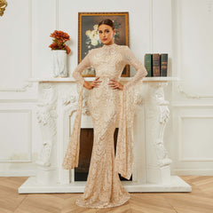 High End Long Sequined Long Sleeve Round Neck Cocktail Evening Dress Bridesmaid Dress