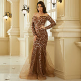 Vestido elegante de noche para dama de honor, de manga larga, con lentejuelas y hombros descubiertos