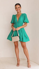 Sweet Deep V Plunge Waist Slimming Pleated Puff Sleeve Dress