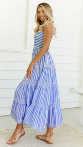 Strap Backless Dress Maxi Dress Striped Dress for