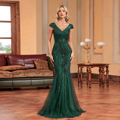 Green Beaded Dress Long Slim Fishtail Bridesmaid Cocktail Evening Dress for