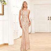 Sleeveless Round Neck Luxury Rose Gold Party Dress Mermaid Shiny Large Long Evening Dress