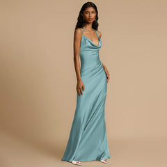 Backless Evening Dress Solid Color Swing Collar Dress
