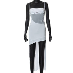 Solid Color Sleeveless off Shoulder Mesh Splicing Sling Dress