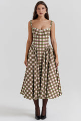 Vestido estilo europeo con cuello en U y cuadros, cintura estrecha, estilo retro, con vuelo grande