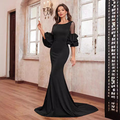 Simple Prom Evening Dress Crew Neck Long Sleeve Elegant Party Fishtail Dress Black Evening Dress