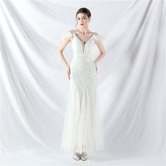 Color Craft Order Ostrich Feather Mesh Sequin Sling Dress Evening Dress