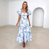 Elegant Puff Sleeve V neck Hollow Out Cutout out Printed Dress for