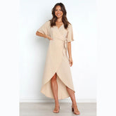 Solid Color Casual V-neck Lace-up Dress