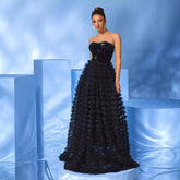 Strapless Black Mesh Sequ Dress