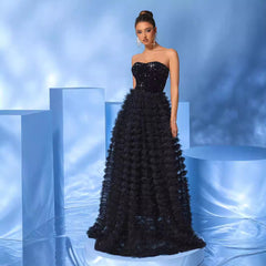 Strapless Black Mesh Sequ Dress