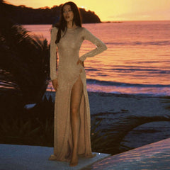 Personality round Neck Elegant Slim Fit Slit Long Sleeve