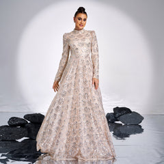High End Long Sleeve Crew Neck Long Sequined Cocktail Evening Dress Bridesmaid Dress