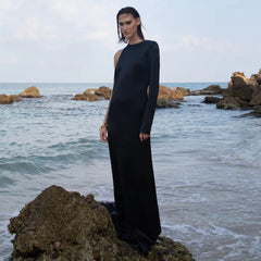 Black One Shoulder Backless Snake Bone Chain Maxi Dress Dress