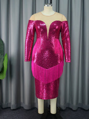 Faux V Neck Sequ Dress See Through Tassel Patchwork Party Dress