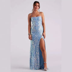 off Neck Sequined Floor Evening Dress Elegant Slit Cocktail Dress (3 Colors)