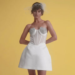 Peach Heart Drilling a Swing Strapless Dress Mesh See through Backless Dress